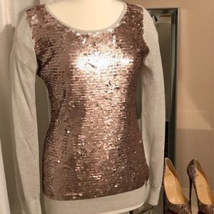 Bebe 2B Long Sleeve Sequin Top Silver/Pink SzM